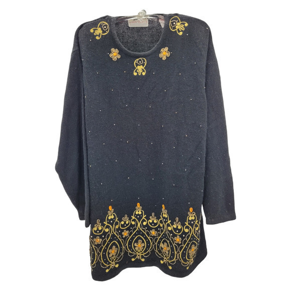 Vintage Amanda Smith II 90s Gold Beaded Embroidered Pullover Dressy Sweater - Picture 1 of 10
